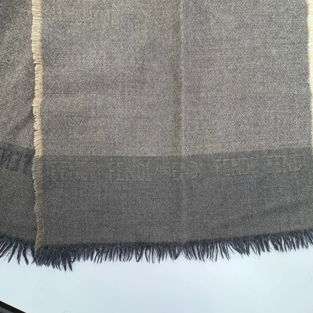 Fendi Cravatte Scarf Grey Brown Wool Blend Logo Border Made in Italy Fringe
